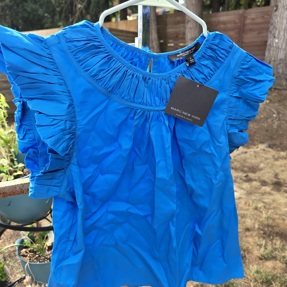 Marc New York Bright Blue Ruffle Sleeve Blouse